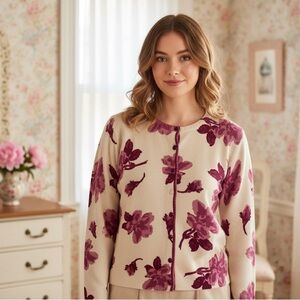 Vintage April Cornell sweater button up cardigan floral velvet trim pearl button